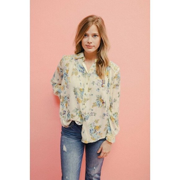 FREE PEOPLE Hold On to Me Contrast Floral Print Button Ivory Blouse Size S NWT - Picture 1 of 11
